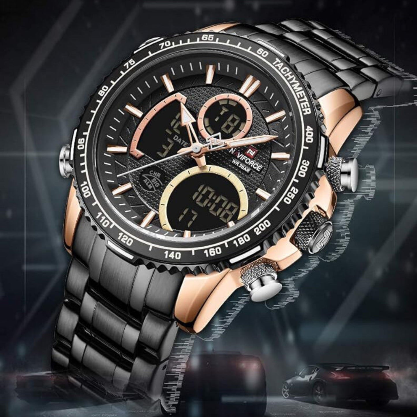 Reloj Black Gold elegante en acero inoxidable- NaviForce NF9138